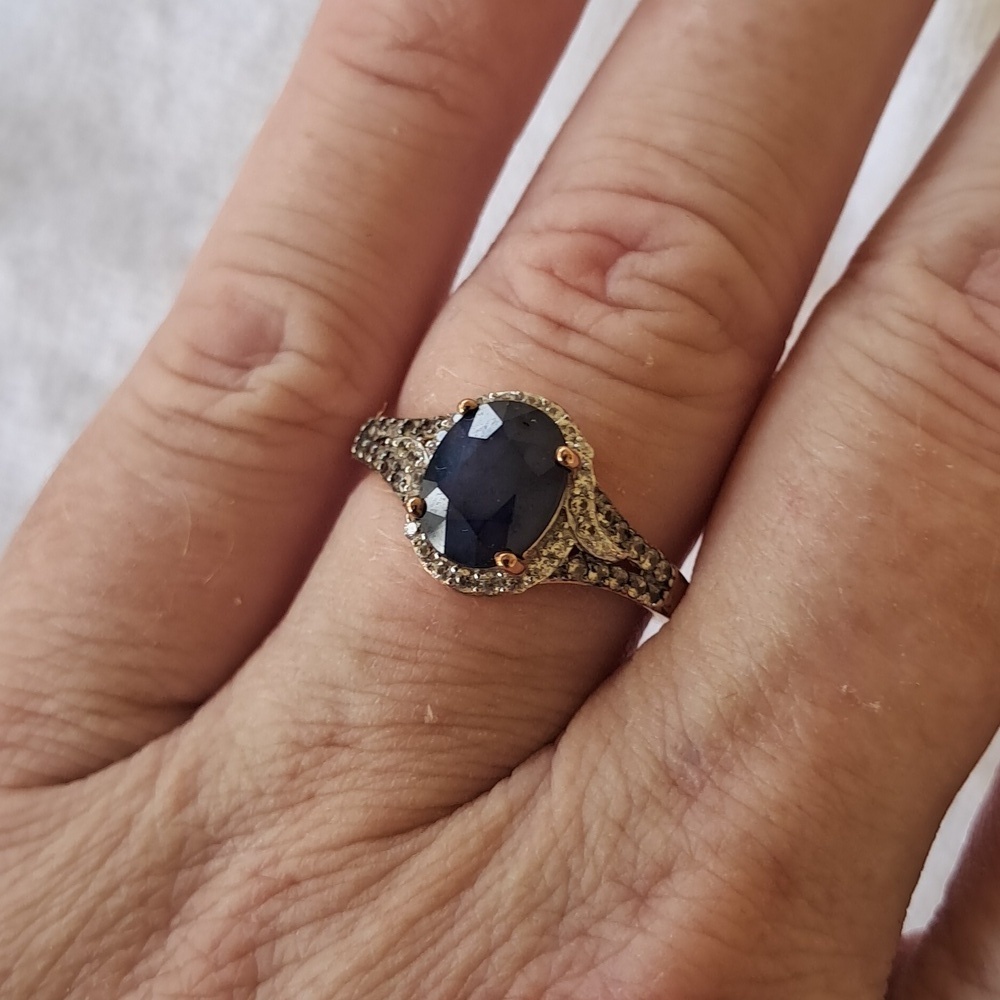 Natural Blue Sapphire & Natural White Zircon & Champagne Zircon Ring